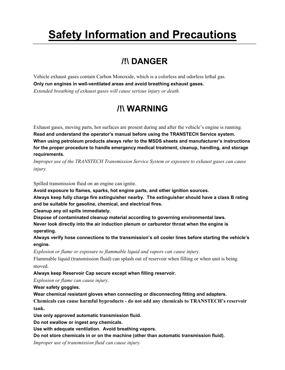 Safety information and precautions, Danger, Warning | MotorVac TRANSTECH-1000 User Manual | Page 9 / 19