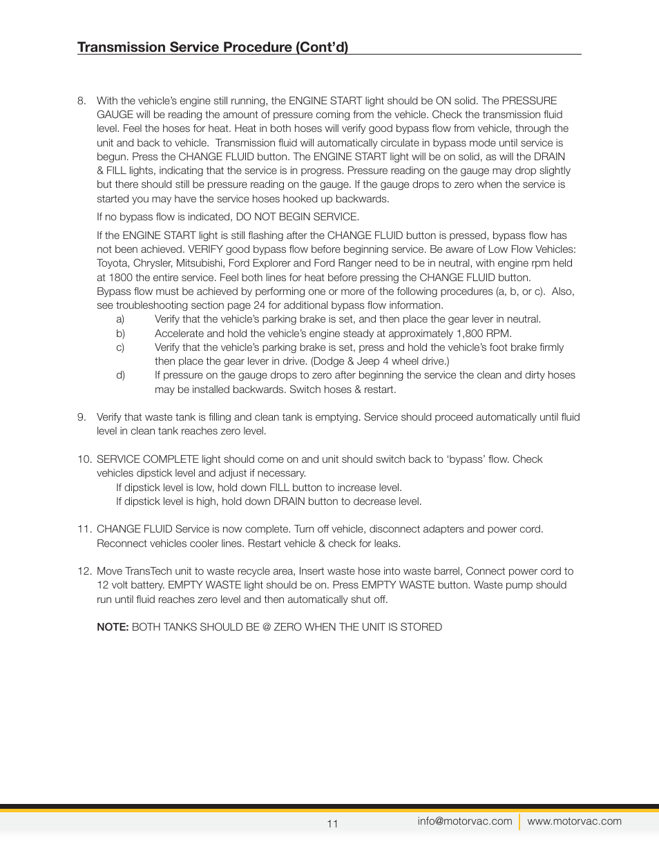 Transmission service procedure, Cont’d) | MotorVac TRANSTECH III User Manual | Page 13 / 24