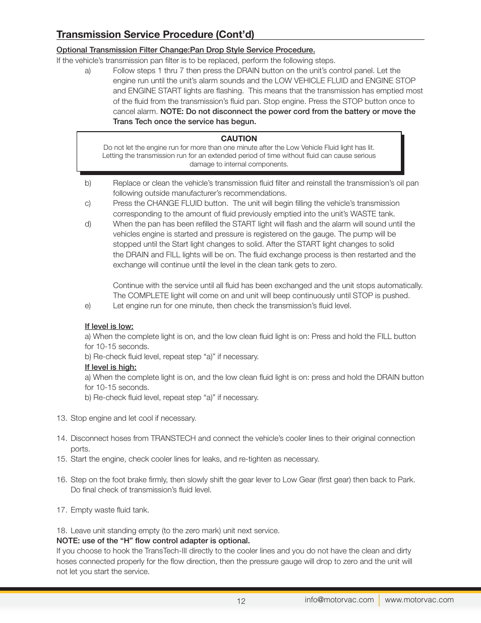 Transmission service procedure, Cont’d) | MotorVac TRANSTECH III User Manual | Page 14 / 24