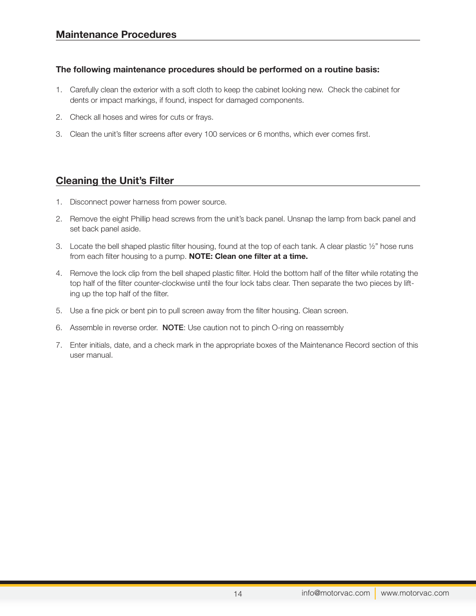 Maintenance procedures, Cleaning the unit’s filter | MotorVac TRANSTECH III User Manual | Page 16 / 24