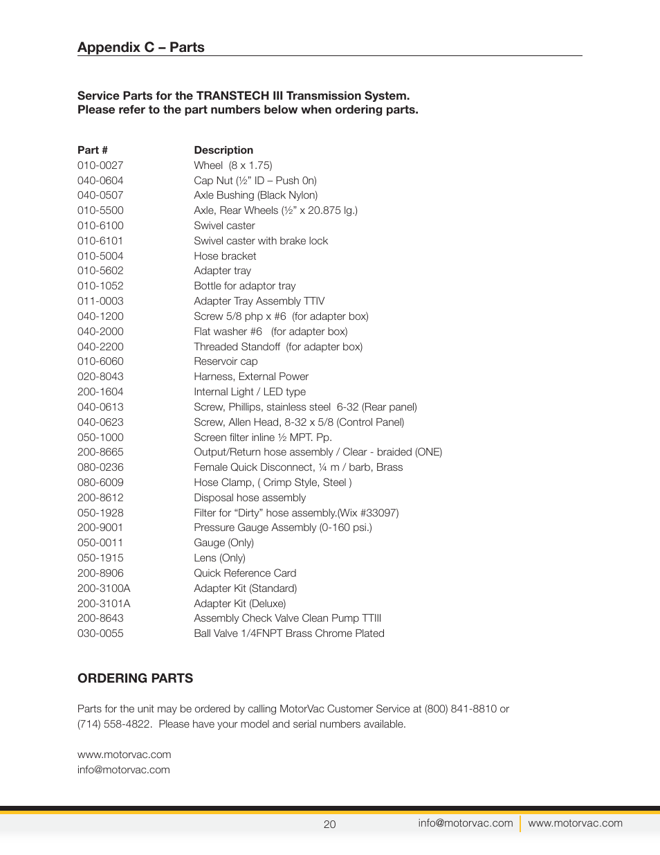 Appendix c – parts | MotorVac TRANSTECH III User Manual | Page 22 / 24