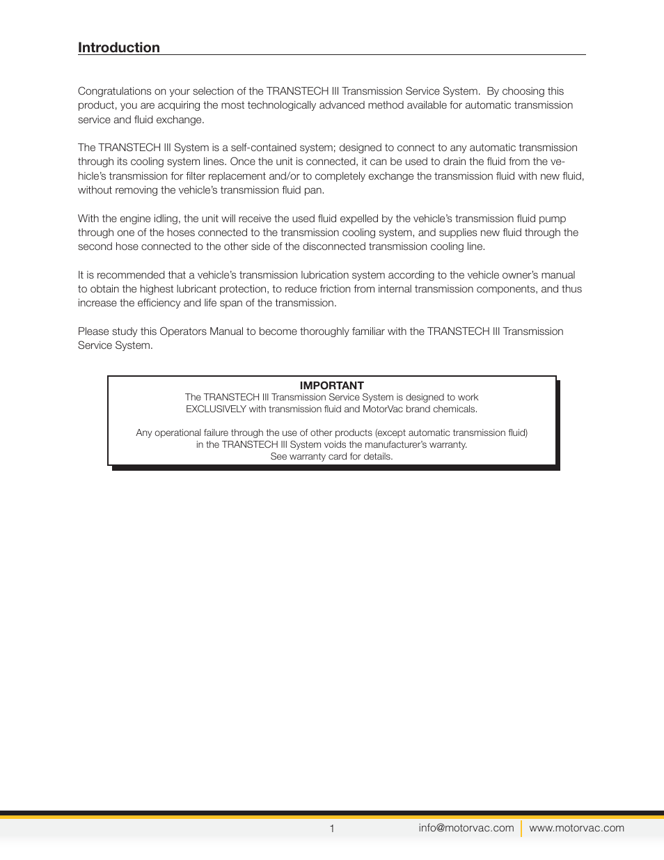 Introduction | MotorVac TRANSTECH III User Manual | Page 3 / 24