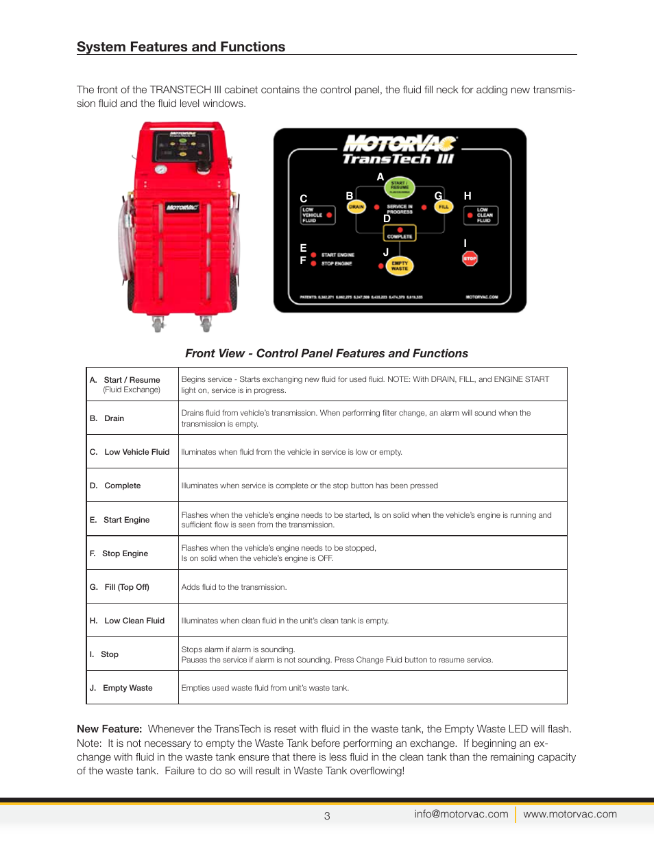System features and functions, Front view - control panel features and functions | MotorVac TRANSTECH III User Manual | Page 5 / 24
