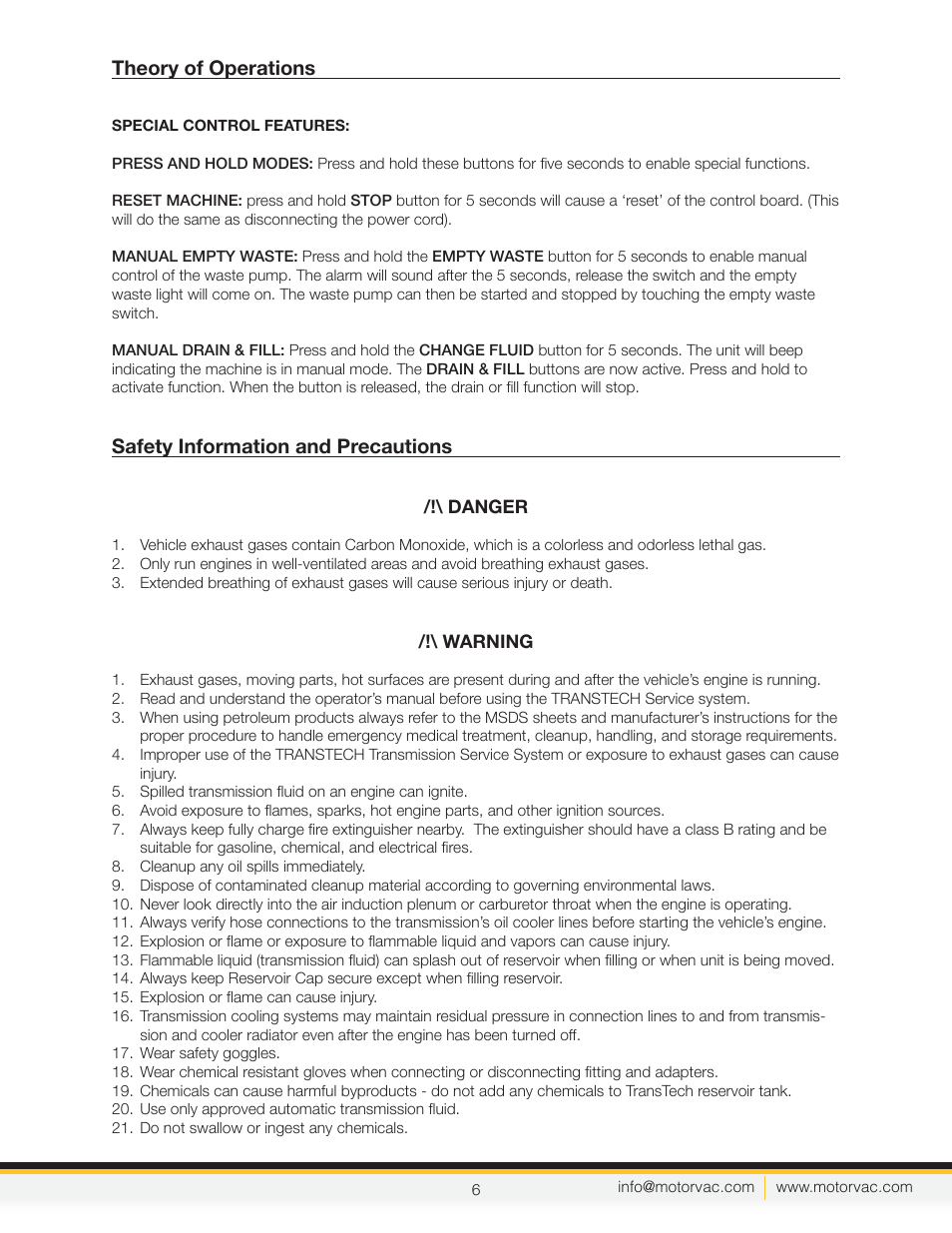 Theory of operations, Safety information and precautions | MotorVac TRANSTECH III User Manual | Page 8 / 24