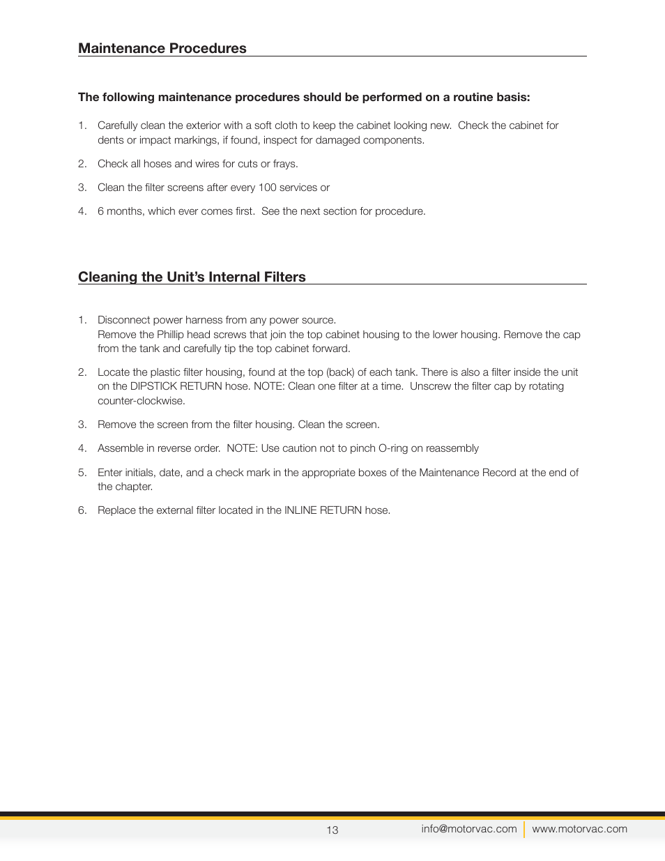 Maintenance procedures, Cleaning the unit’s internal filters | MotorVac TRANSTECH IV User Manual | Page 16 / 24