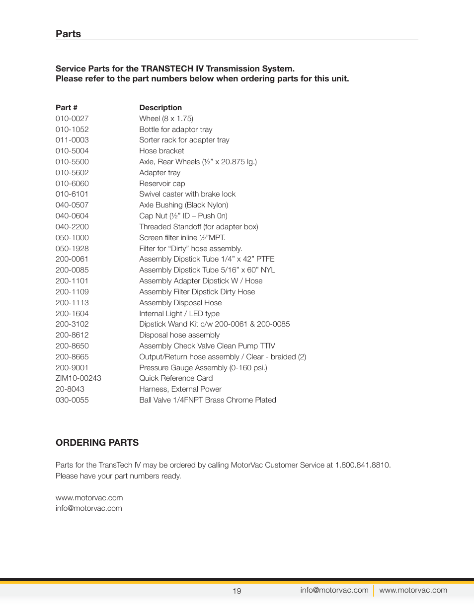 Parts | MotorVac TRANSTECH IV User Manual | Page 22 / 24