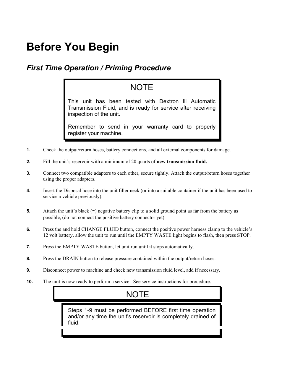 Before you begin, First time operation / priming procedure | MotorVac TRANSTECH HD User Manual | Page 11 / 23