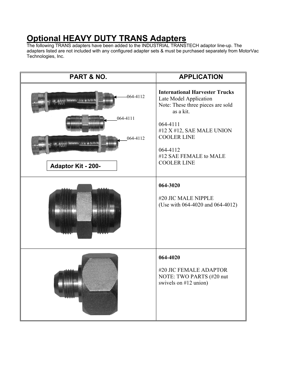 Optional heavy duty trans adapters, Part & no. application | MotorVac TRANSTECH HD User Manual | Page 21 / 23