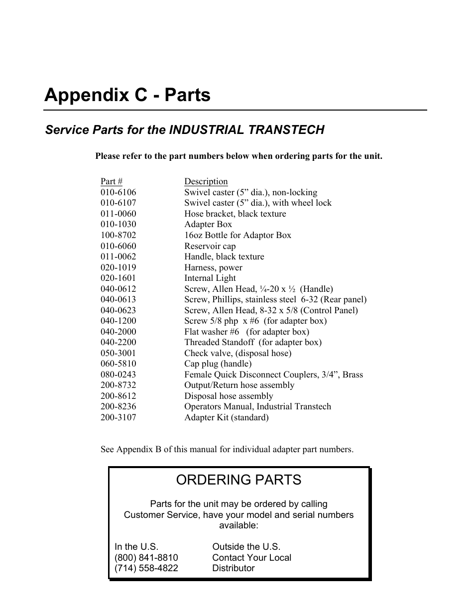 Appendix c - parts, Ordering parts, Service parts for the industrial transtech | MotorVac TRANSTECH HD User Manual | Page 23 / 23