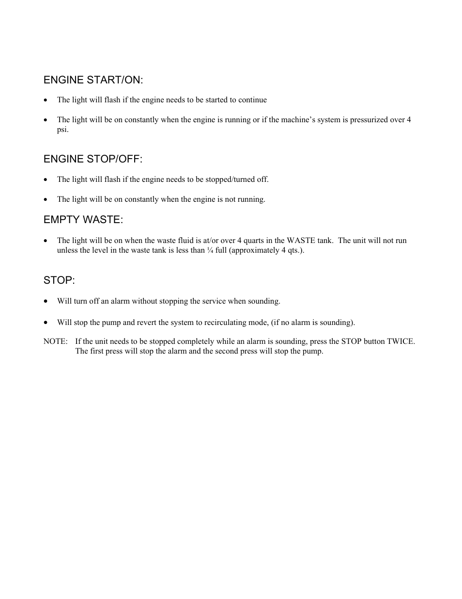 Engine start/on, Engine stop/off, Empty waste | Stop | MotorVac TRANSTECH HD User Manual | Page 8 / 23