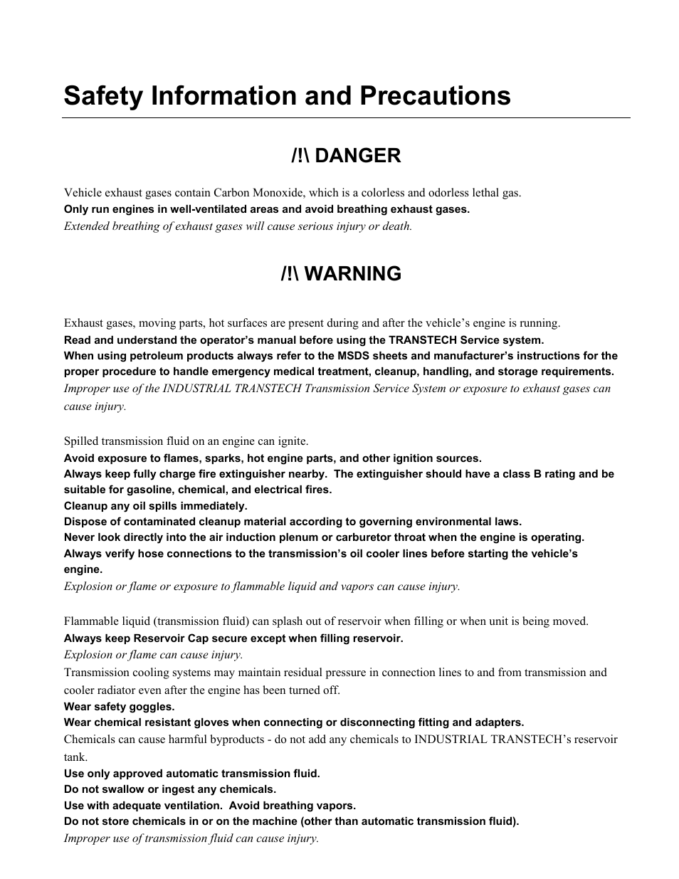 Safety information and precautions, Danger, Warning | MotorVac TRANSTECH HD User Manual | Page 9 / 23
