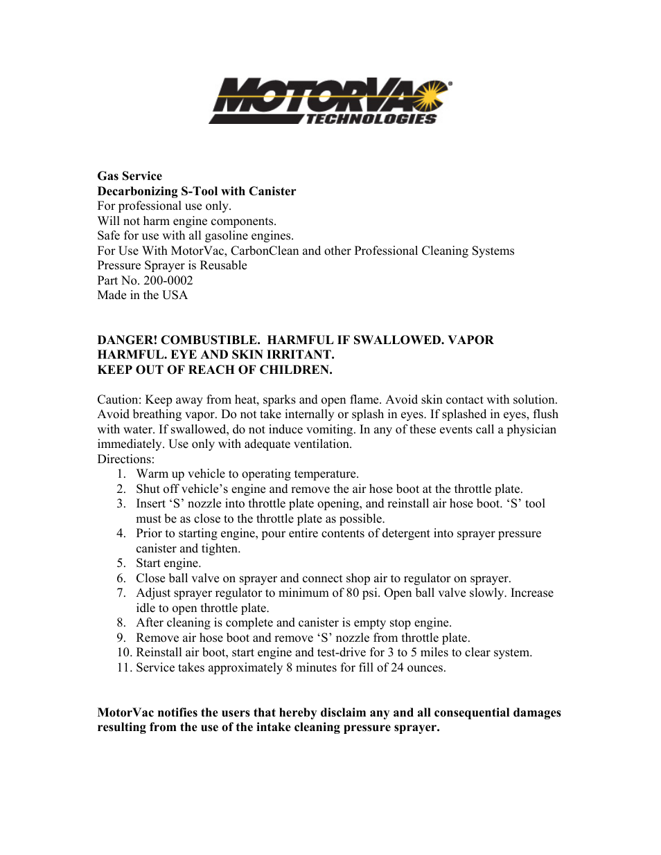 MotorVac S-Tool Canister User Manual | 1 page