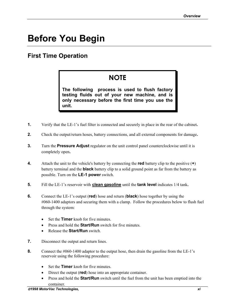 Before you begin, First time operation | MotorVac CarbonClean System II LE-1 User Manual | Page 12 / 43
