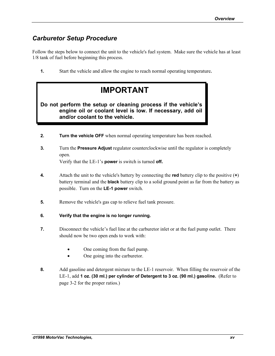 Important, Carburetor setup procedure | MotorVac CarbonClean System II LE-1 User Manual | Page 16 / 43