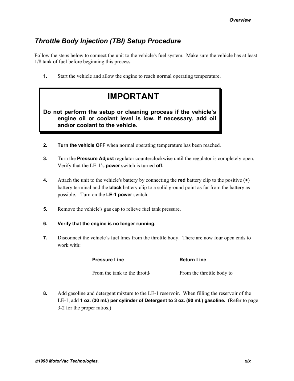 Important, Throttle body injection (tbi) setup procedure | MotorVac CarbonClean System II LE-1 User Manual | Page 20 / 43