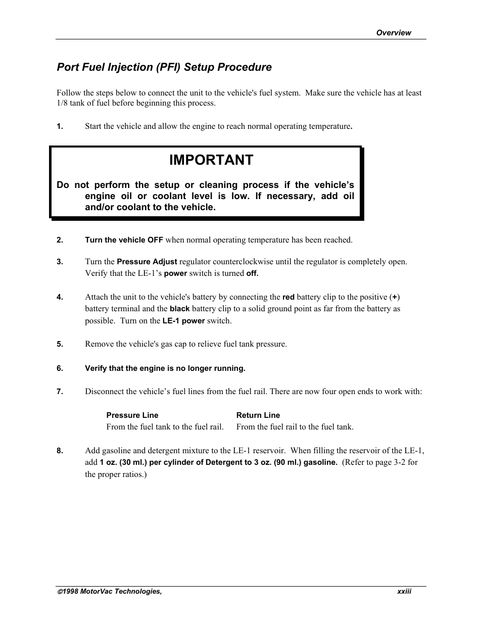 Important, Port fuel injection (pfi) setup procedure | MotorVac CarbonClean System II LE-1 User Manual | Page 24 / 43