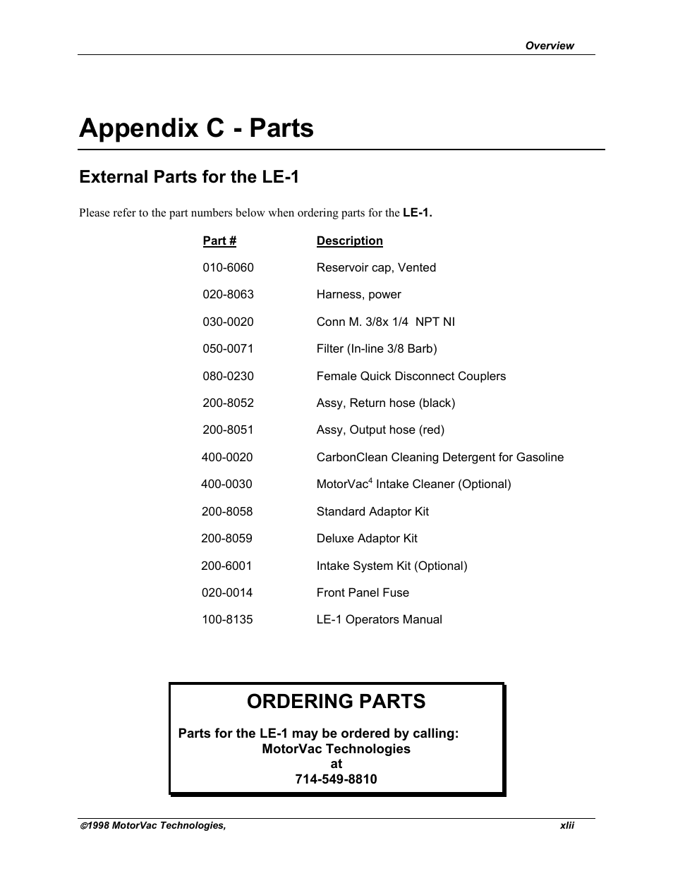 Appendix c - parts, Ordering parts, External parts for the le-1 | MotorVac CarbonClean System II LE-1 User Manual | Page 43 / 43