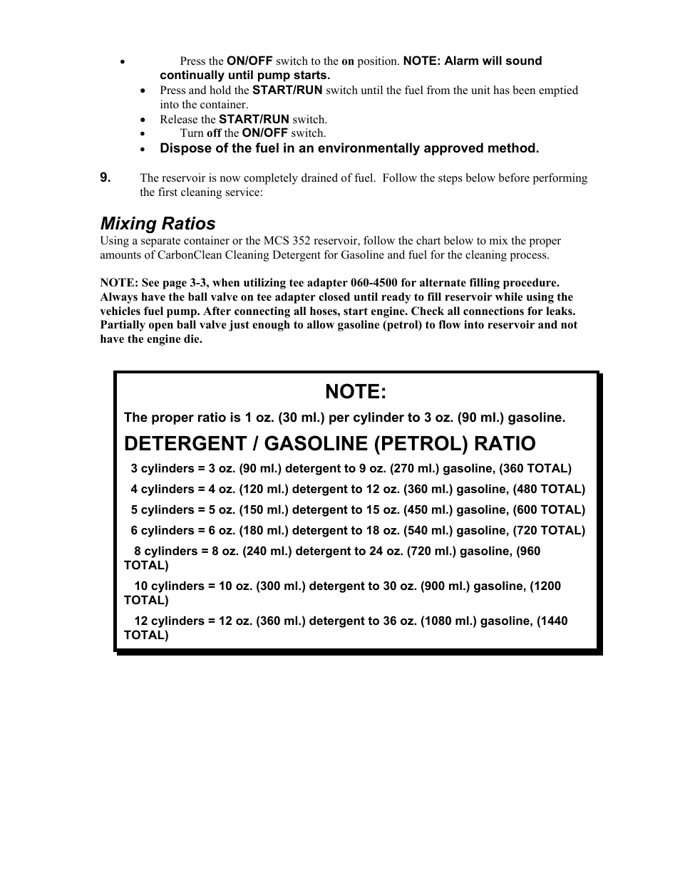 Detergent / gasoline (petrol) ratio, Mixing ratios | MotorVac CarbonClean Dual System MCS 352 User Manual | Page 13 / 59