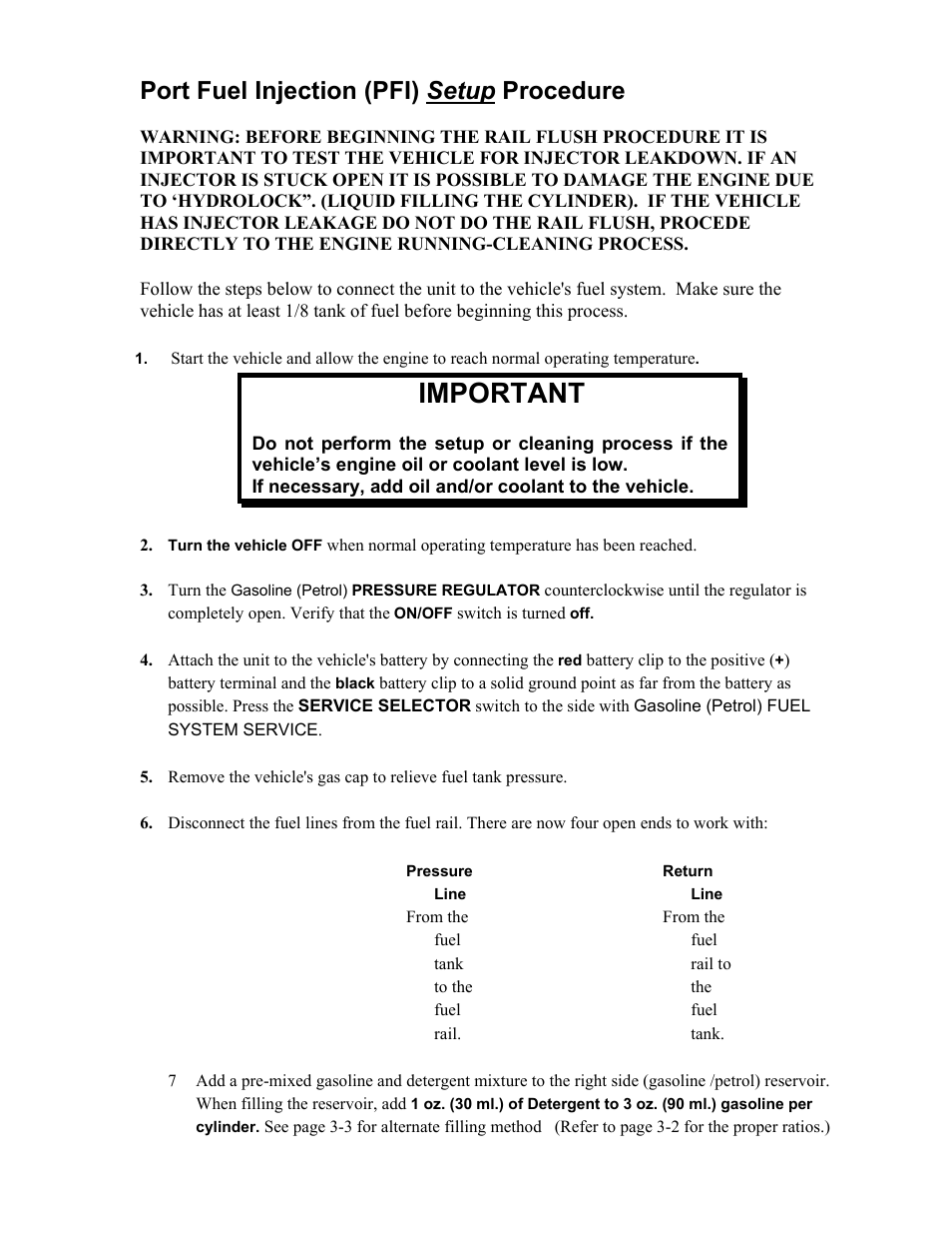 Important, Port fuel injection (pfi) setup procedure | MotorVac CarbonClean Dual System MCS 352 User Manual | Page 24 / 59