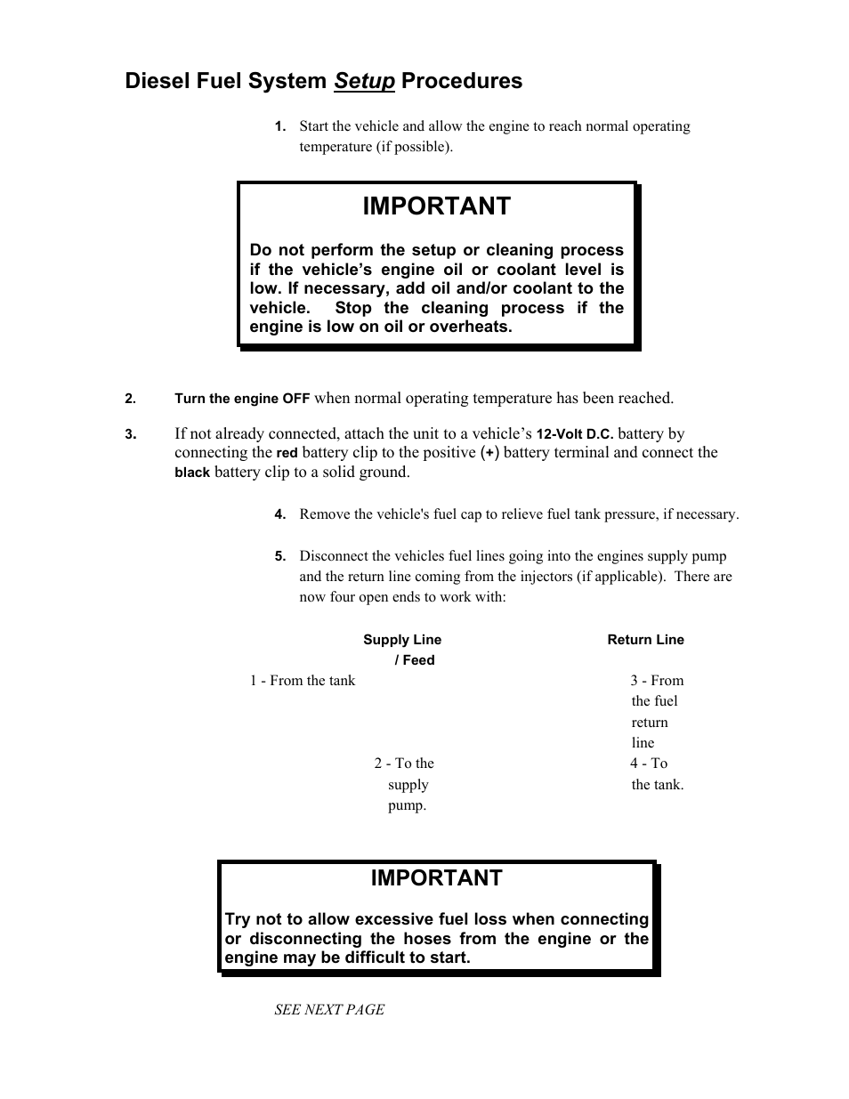 Important, Diesel fuel system setup procedures | MotorVac CarbonClean Dual System MCS 352 User Manual | Page 37 / 59