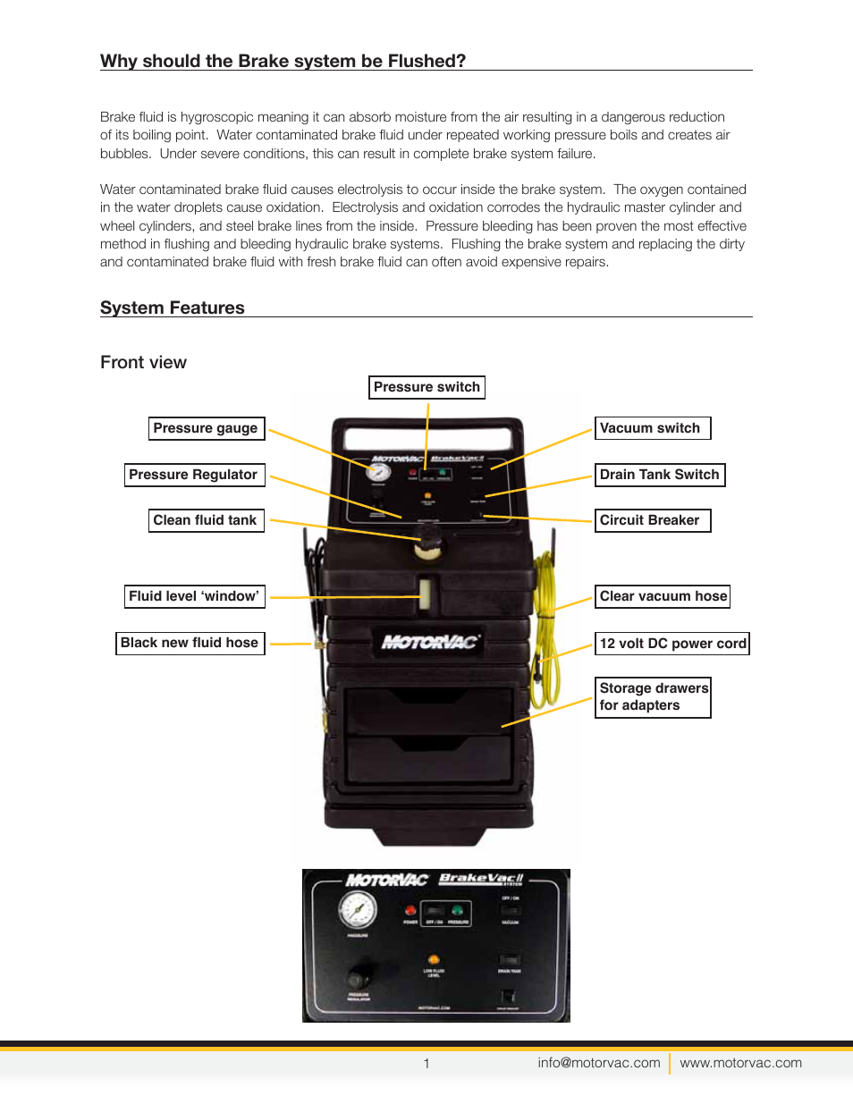 Why should the brake system be flushed, System features front view | MotorVac BrakeVac-II User Manual | Page 4 / 14