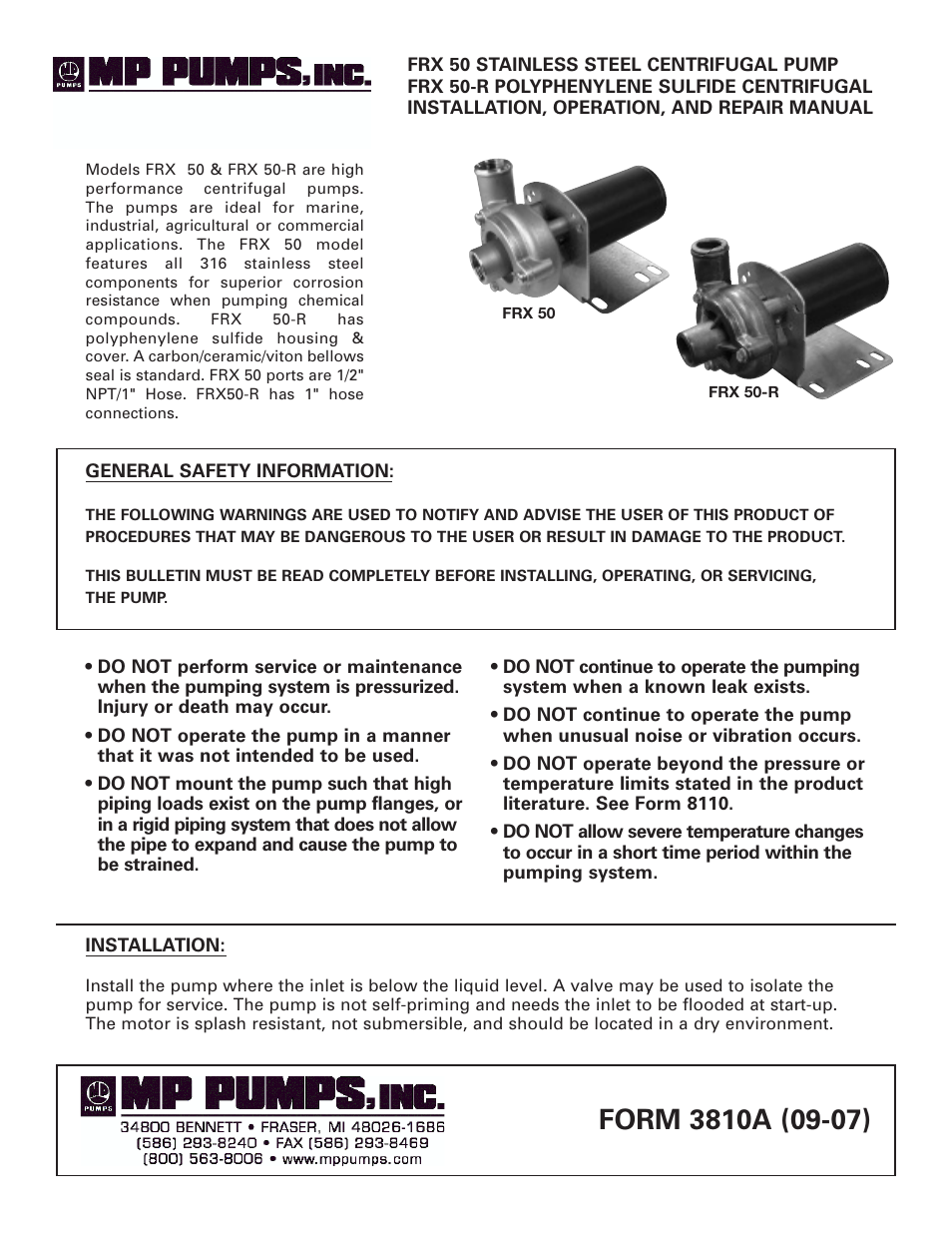 MP Pumps FRX-50_50R INSTALL User Manual | 2 pages