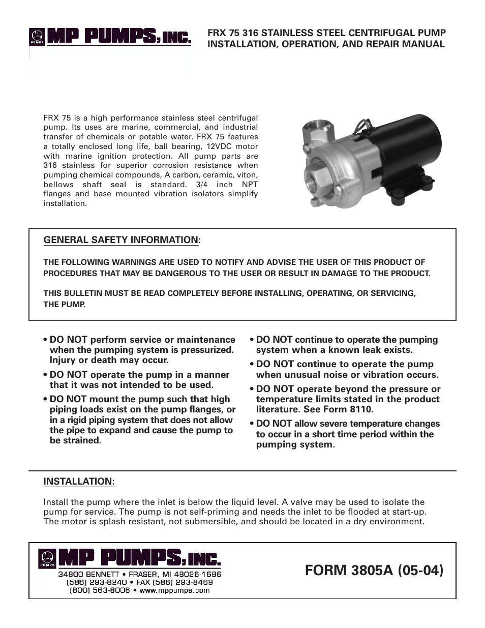 MP Pumps FRX-75 INSTALL User Manual | 2 pages