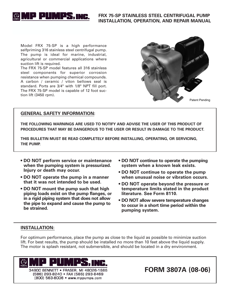 MP Pumps FRX-75 SP INSTALL User Manual | 2 pages