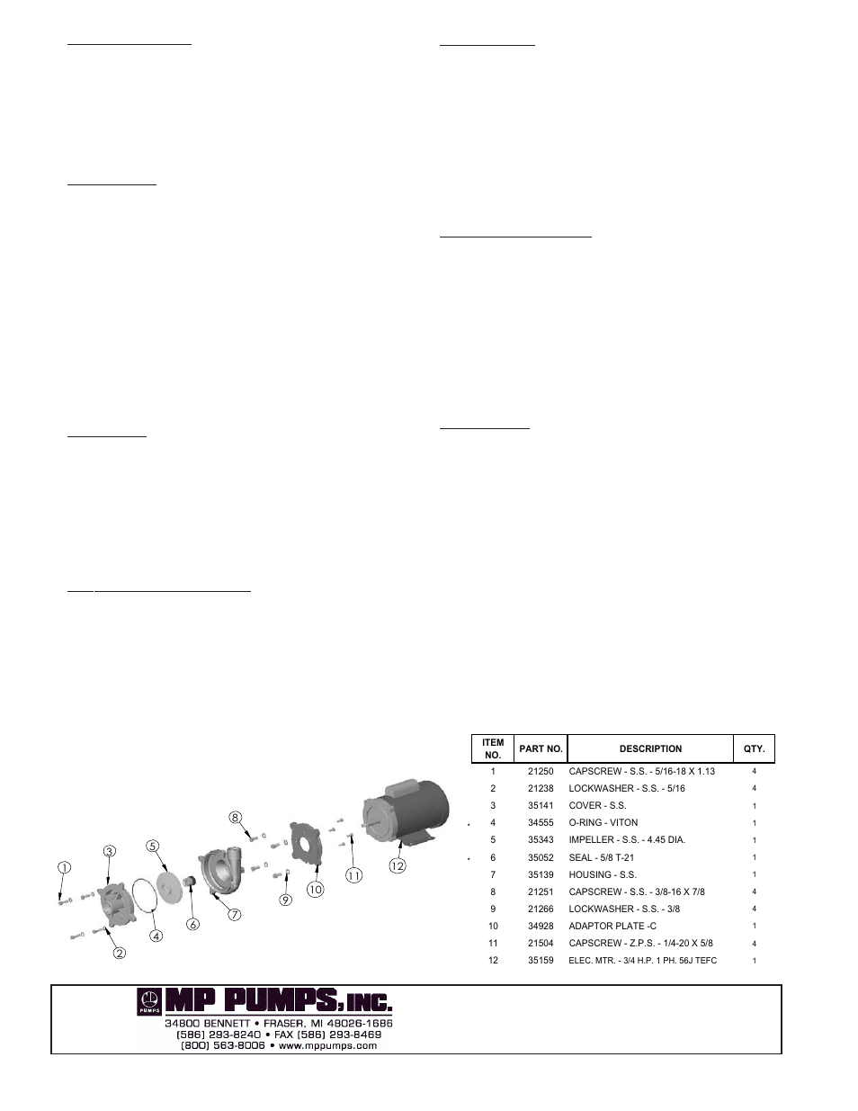 Piping/mounting, Electrical, Disassembly | Inspect pump parts, Reassembly | MP Pumps FRX-125 INSTALL User Manual | Page 2 / 2