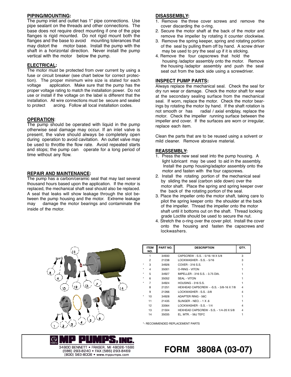 MP Pumps FRX-100 316 INSTALL User Manual | Page 2 / 2