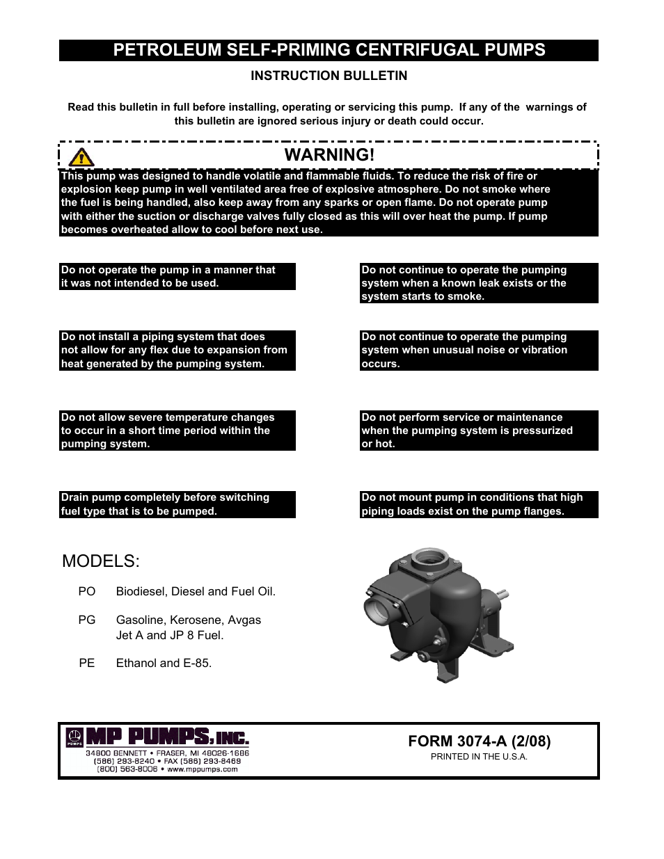 MP Pumps PETROLEUM SELF-PRIMING 5, 8, 10, 15 INSTRUCTION User Manual | 4 pages