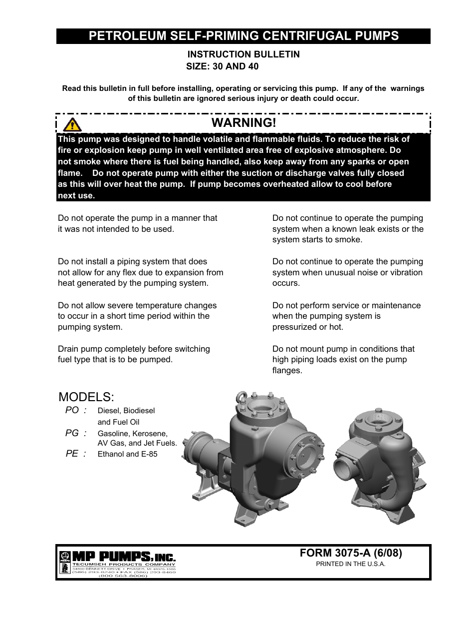 MP Pumps PETROLEUM SELF-PRIMING 30, 40 INSTRUCTION User Manual | 3 pages