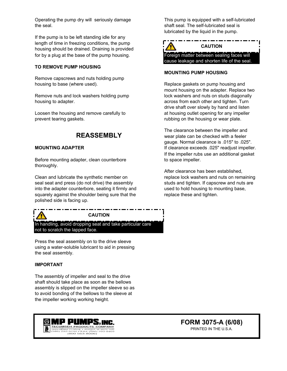 Reassembly | MP Pumps PETROLEUM SELF-PRIMING 30, 40 INSTRUCTION User Manual | Page 3 / 3