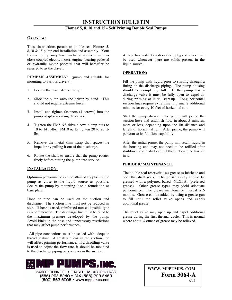 MP Pumps FLOMAX 5, 8, 10, 15 DBL. SEAL PUMPS INSTRUCTION User Manual | 2 pages