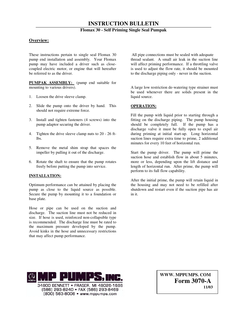 MP Pumps FLOMAX 30 SINGLE SEAL PUMPAK INSTRUCTION User Manual | 2 pages