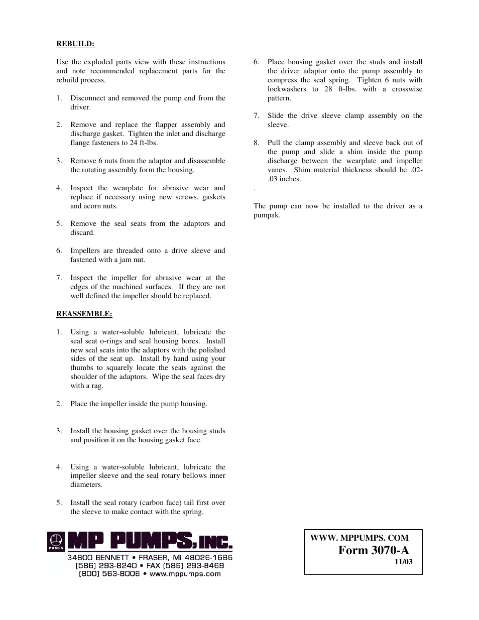 Form 3070-a | MP Pumps FLOMAX 30 SINGLE SEAL PUMPAK INSTRUCTION User Manual | Page 2 / 2