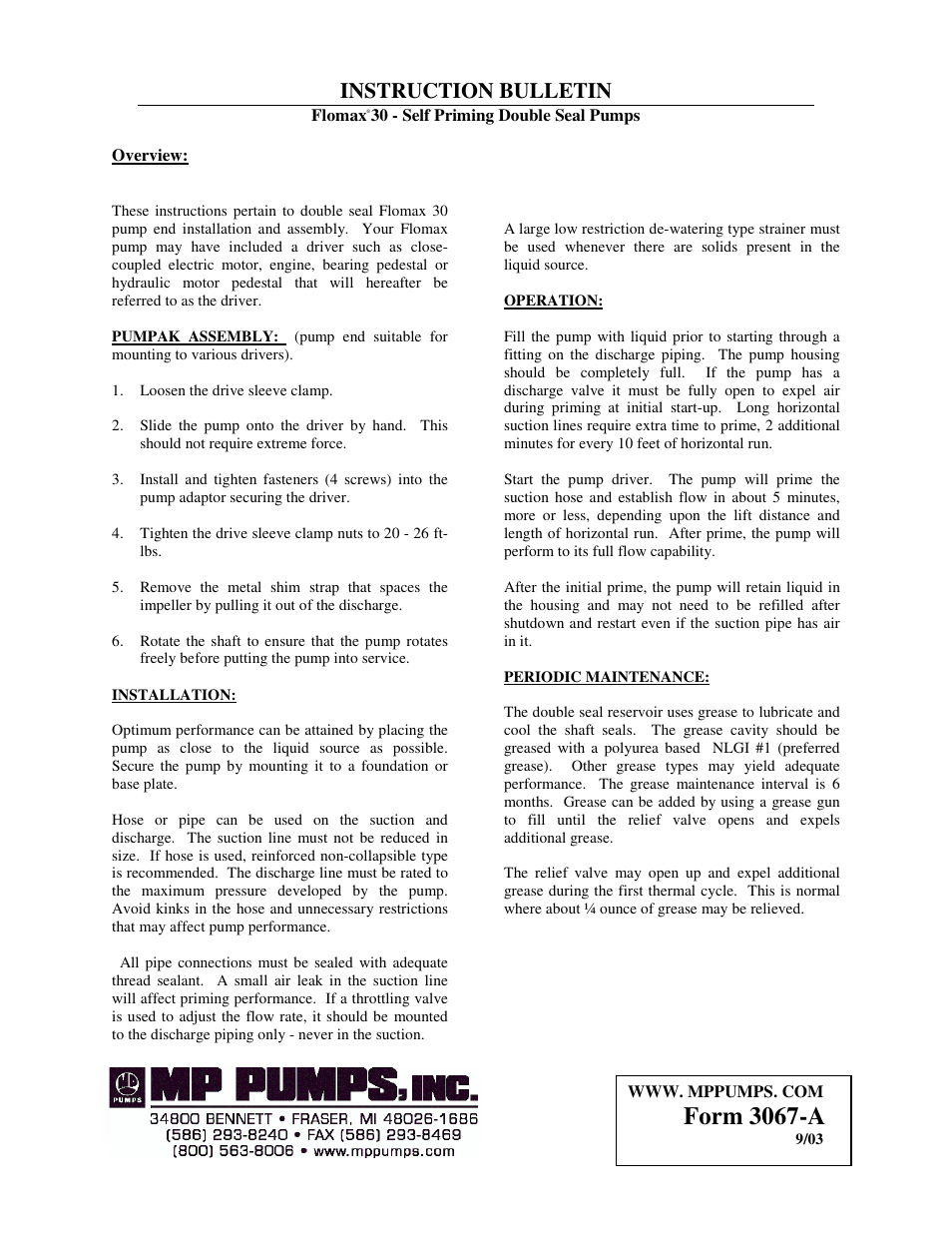 MP Pumps FLOMAX 30 DOUBLE SEAL INSTRUCTION User Manual | 2 pages