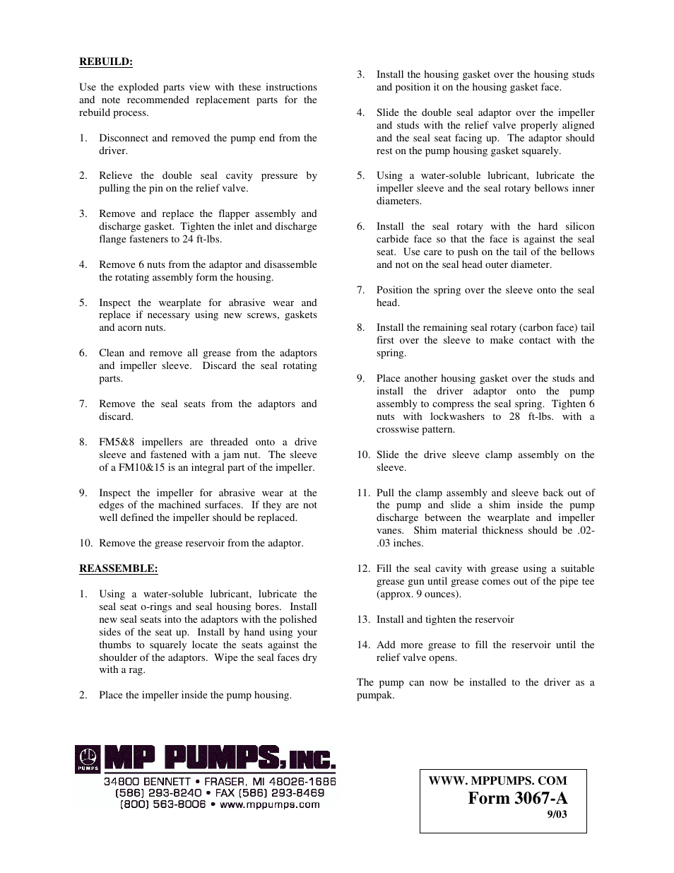 Form 3067-a | MP Pumps FLOMAX 30 DOUBLE SEAL INSTRUCTION User Manual | Page 2 / 2