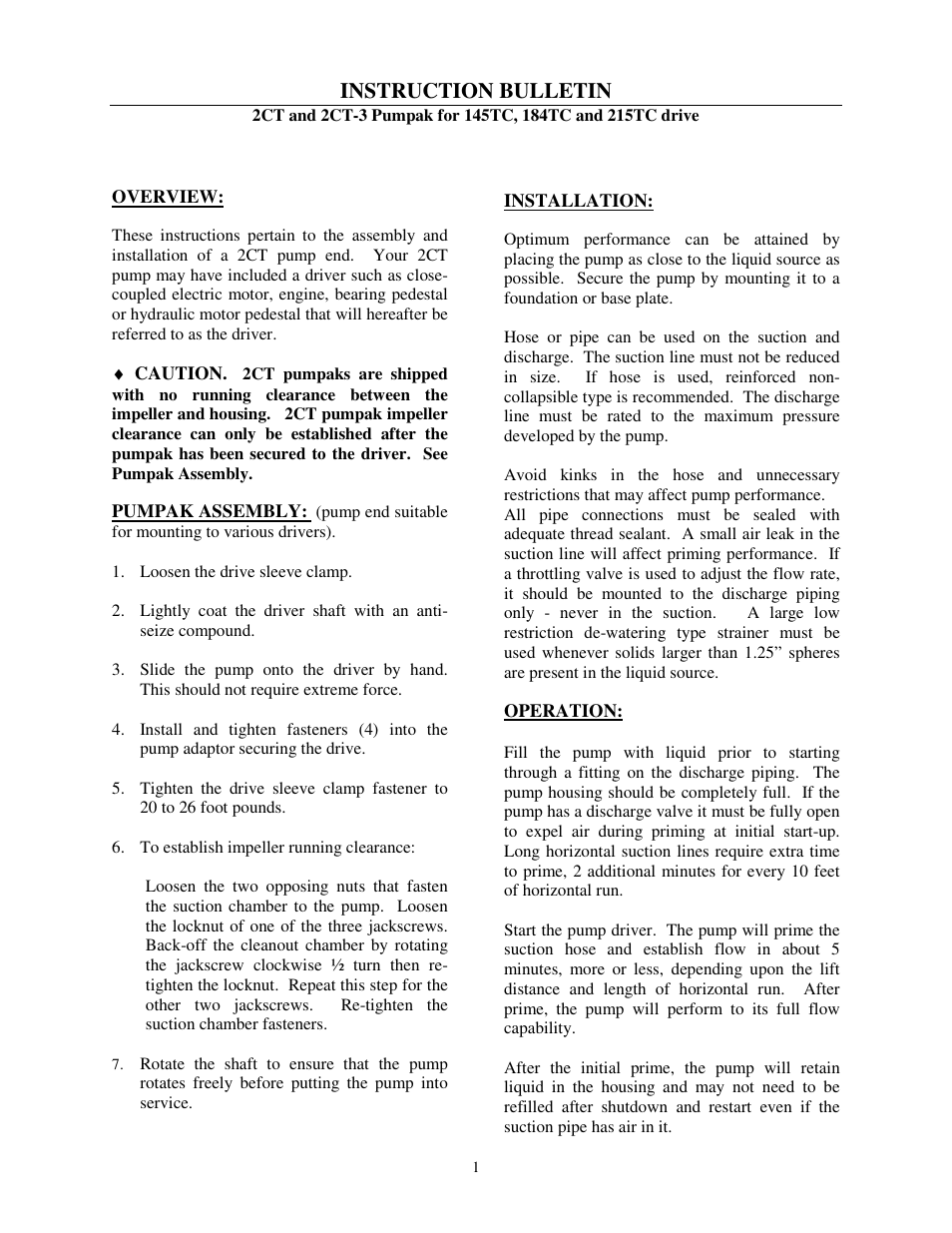 MP Pumps 2CT & 2CT-3 PUMPAK 145TC,184TC, 184C INSTRUCTION User Manual | 2 pages