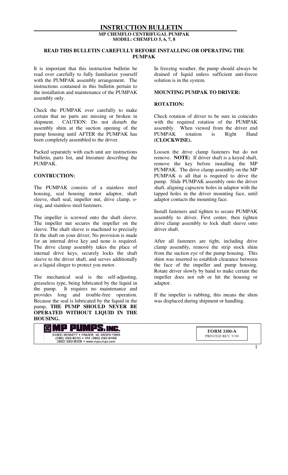 MP Pumps CHEMFLO 5, 6, 7, 8 PUMPAKS INSTRUCTION User Manual | 3 pages