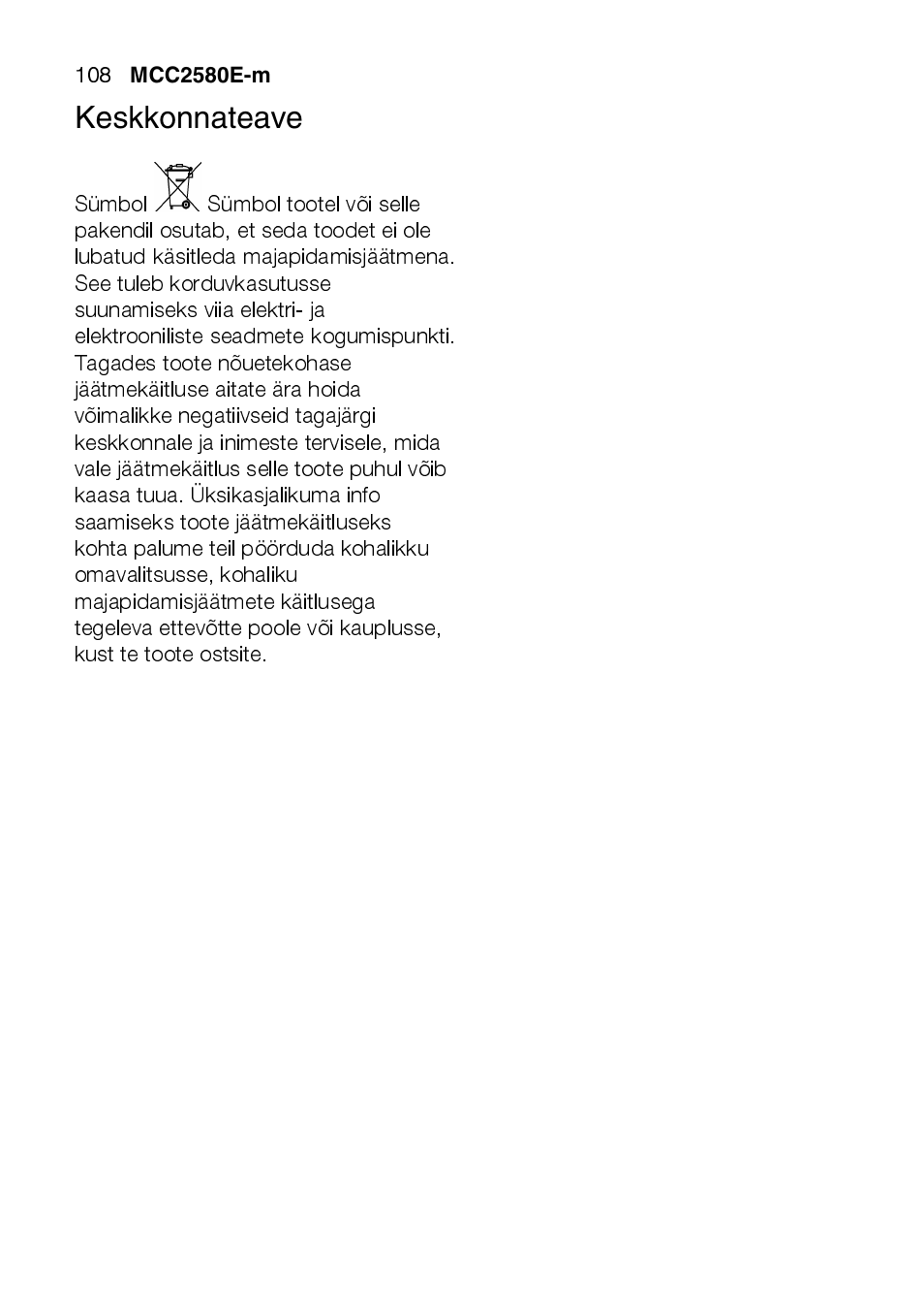 Keskkonnateave | AEG MCC2580E-M User Manual | Page 108 / 284
