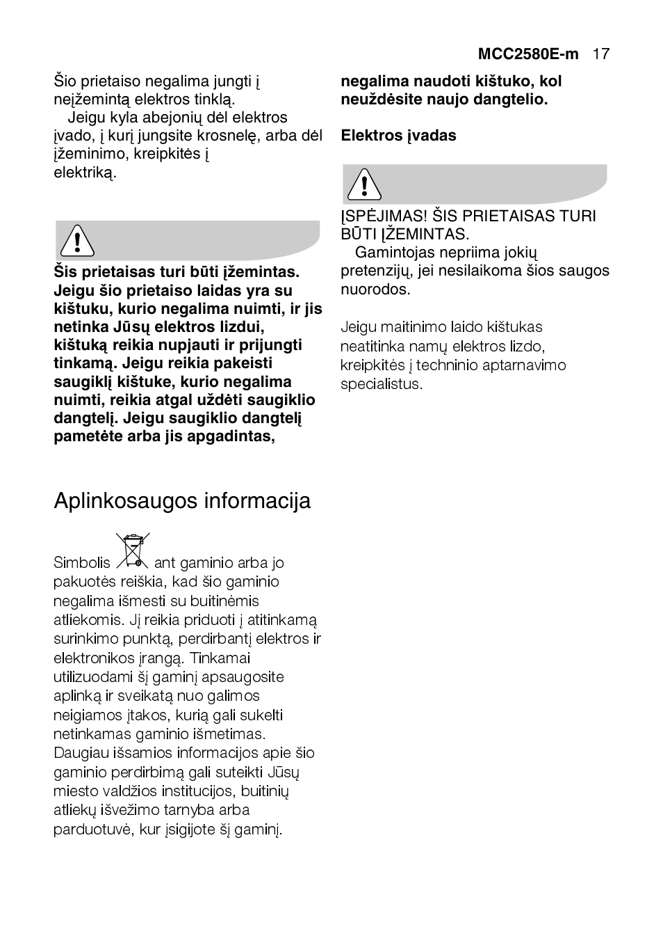 Aplinkosaugos informacija | AEG MCC2580E-M User Manual | Page 17 / 284