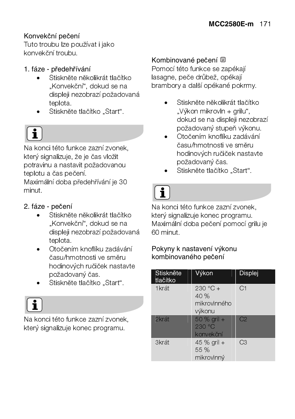 Tuto troubu lze používat i jako konvekční troubu, Stiskněte tlačítko „start | AEG MCC2580E-M User Manual | Page 171 / 284