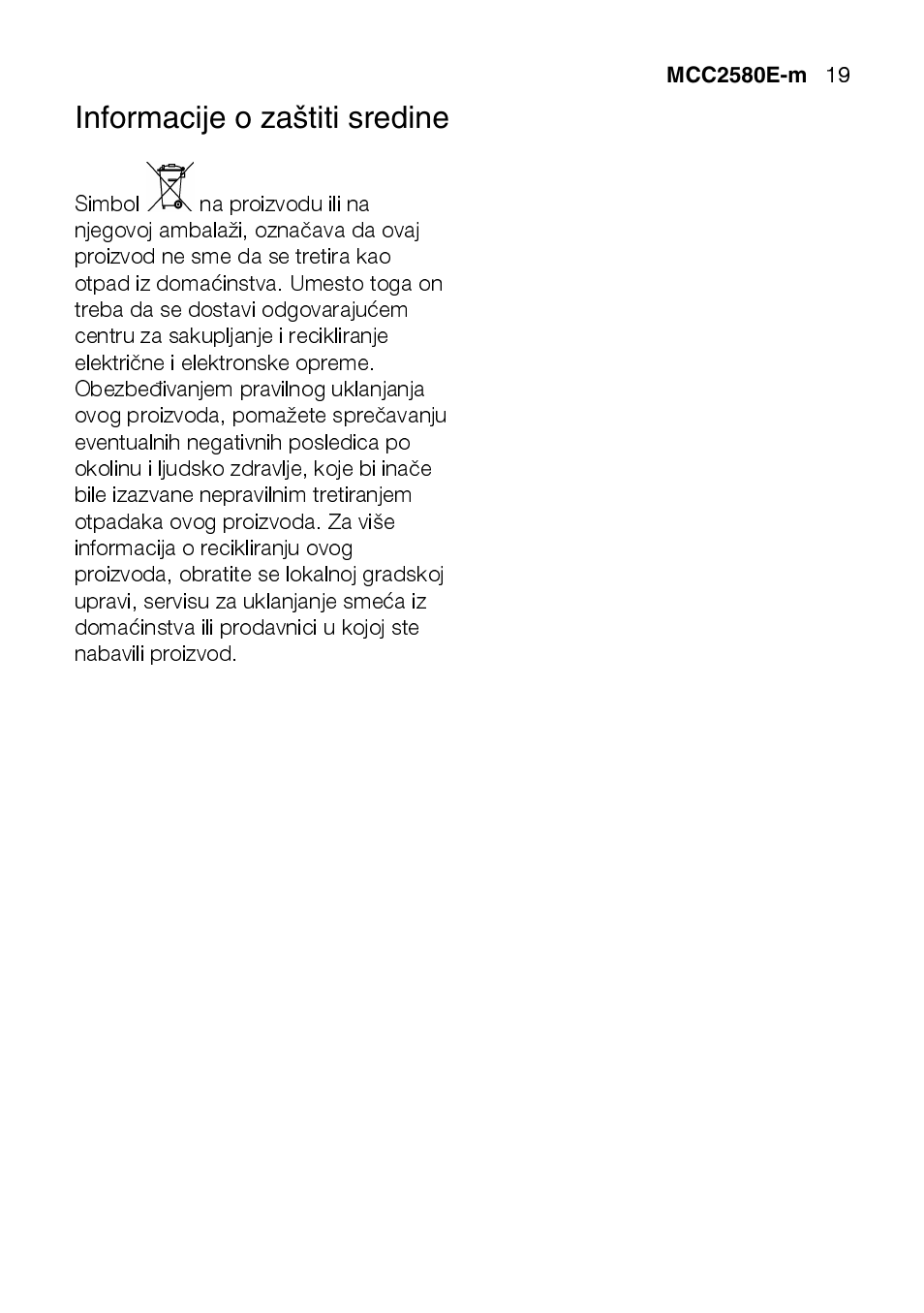 Informacije o zaštiti sredine | AEG MCC2580E-M User Manual | Page 19 / 284