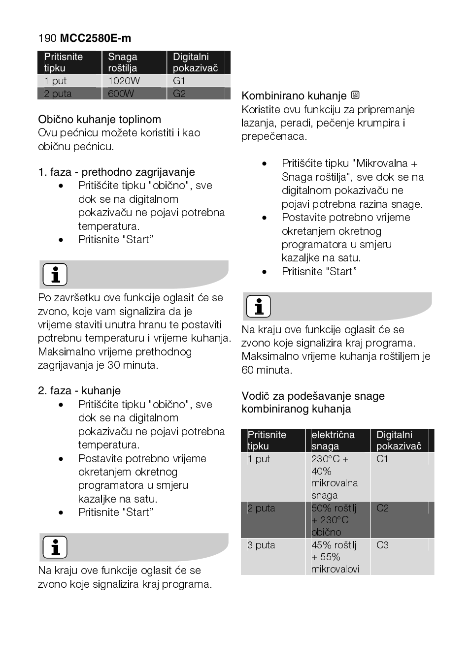Ovu pećnicu možete koristiti i kao običnu pećnicu, Pritisnite "start | AEG MCC2580E-M User Manual | Page 190 / 284
