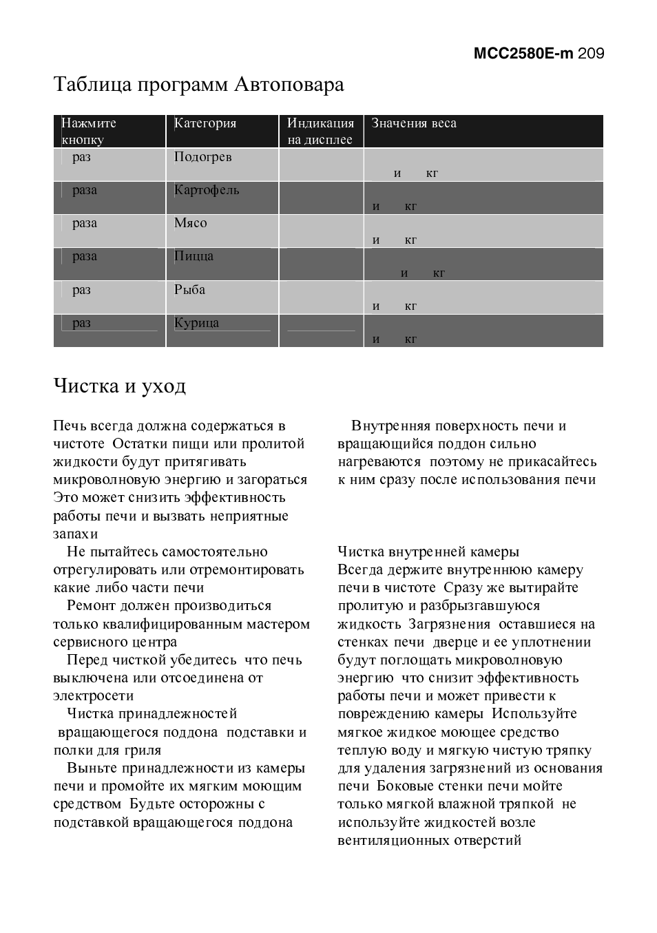 Таблица программ автоповара, Чистка и уход | AEG MCC2580E-M User Manual | Page 209 / 284