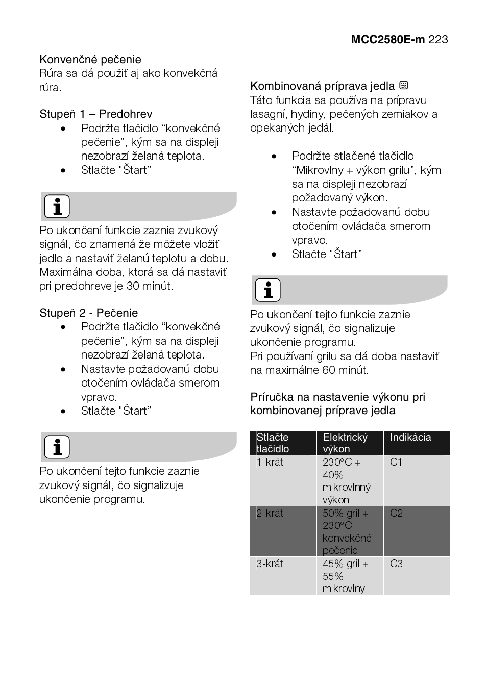 Rúra sa dá použiť aj ako konvekčná rúra, Stlačte "štart | AEG MCC2580E-M User Manual | Page 223 / 284