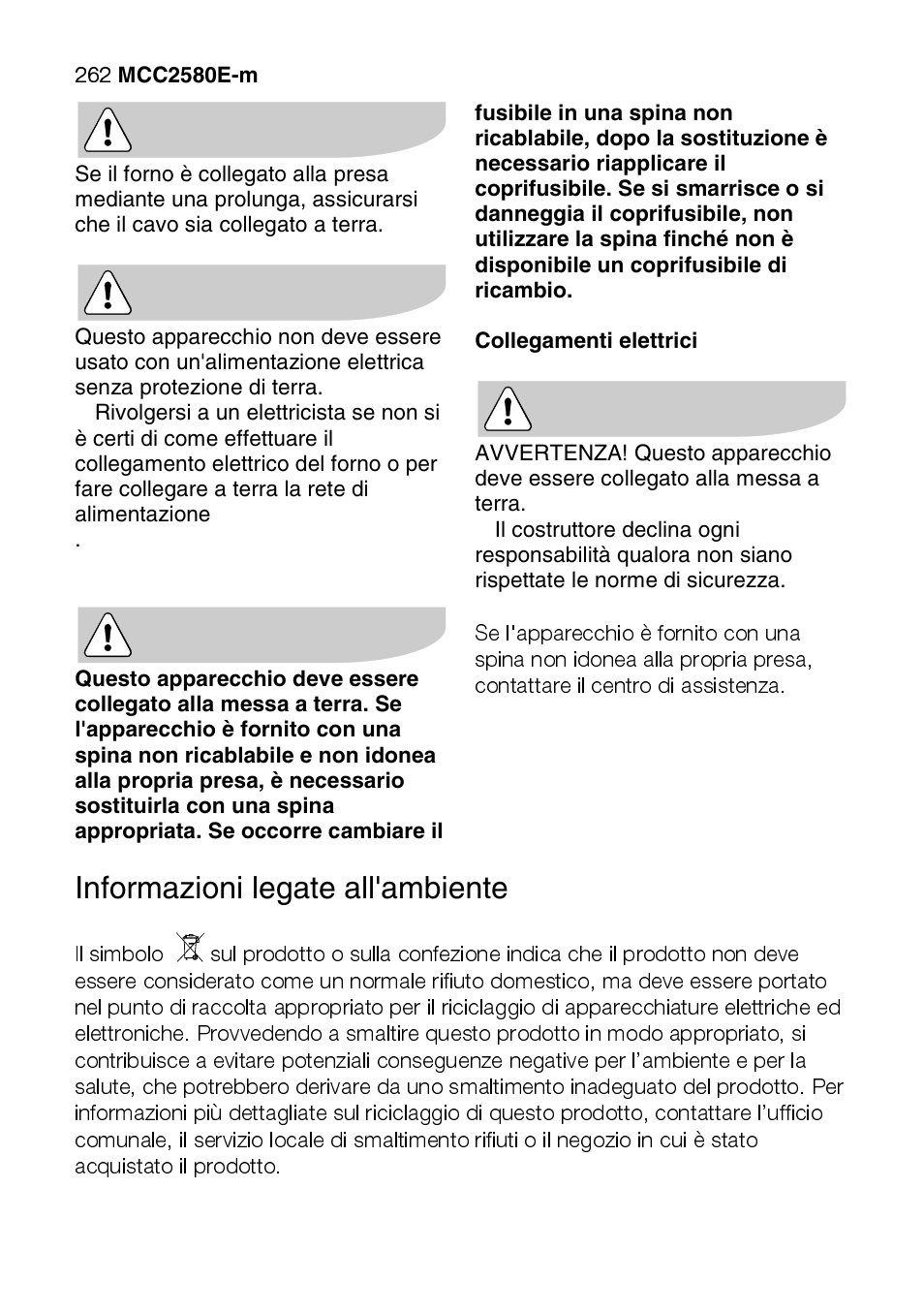 Informazioni legate all'ambiente | AEG MCC2580E-M User Manual | Page 262 / 284