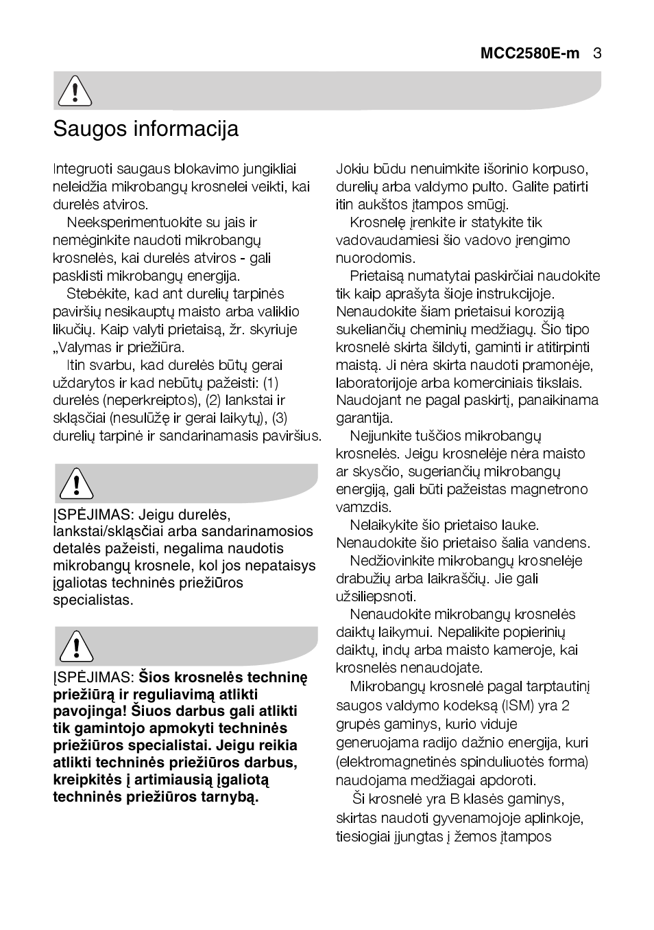 Saugos informacija | AEG MCC2580E-M User Manual | Page 3 / 284