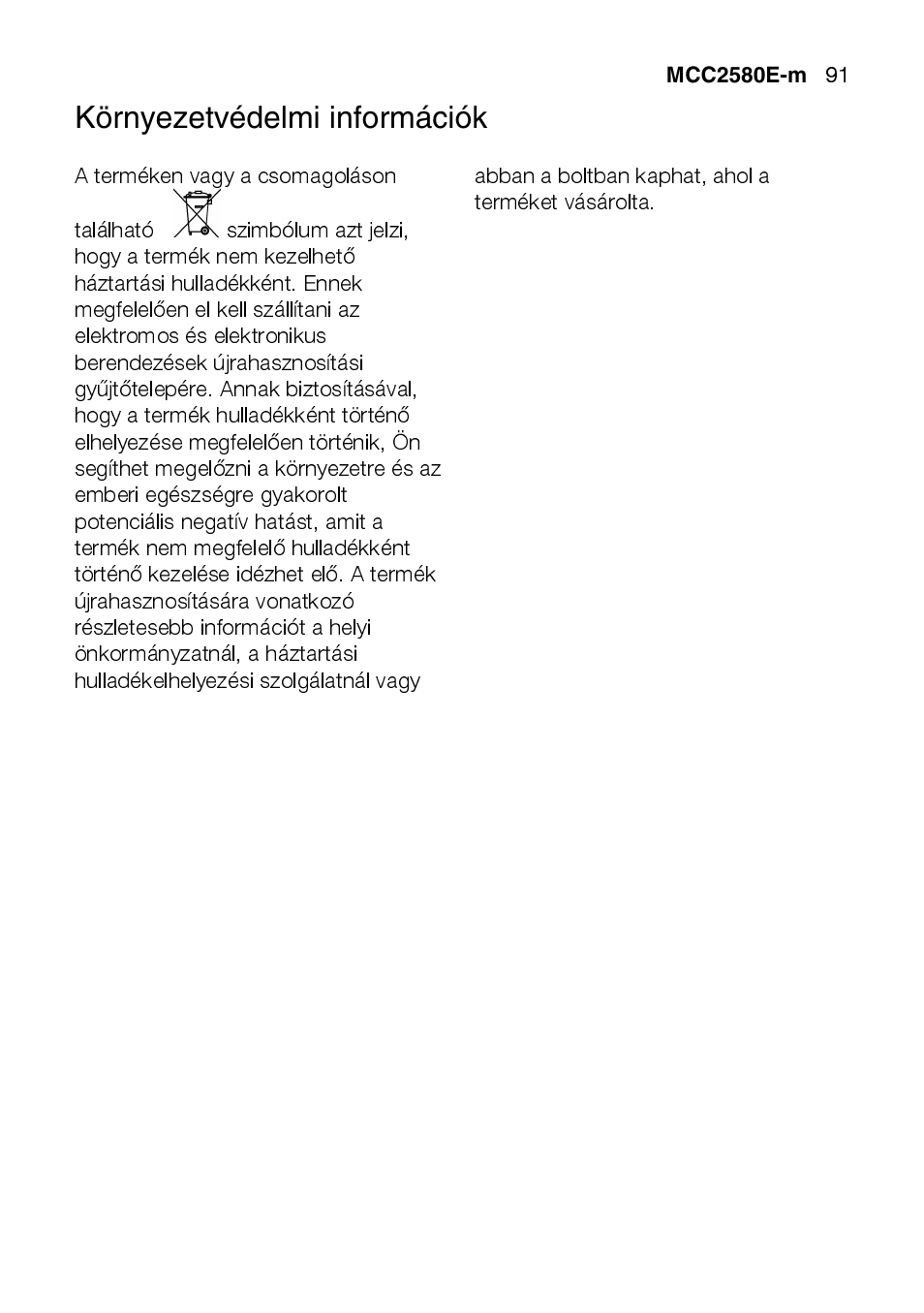 Környezetvédelmi információk | AEG MCC2580E-M User Manual | Page 91 / 284